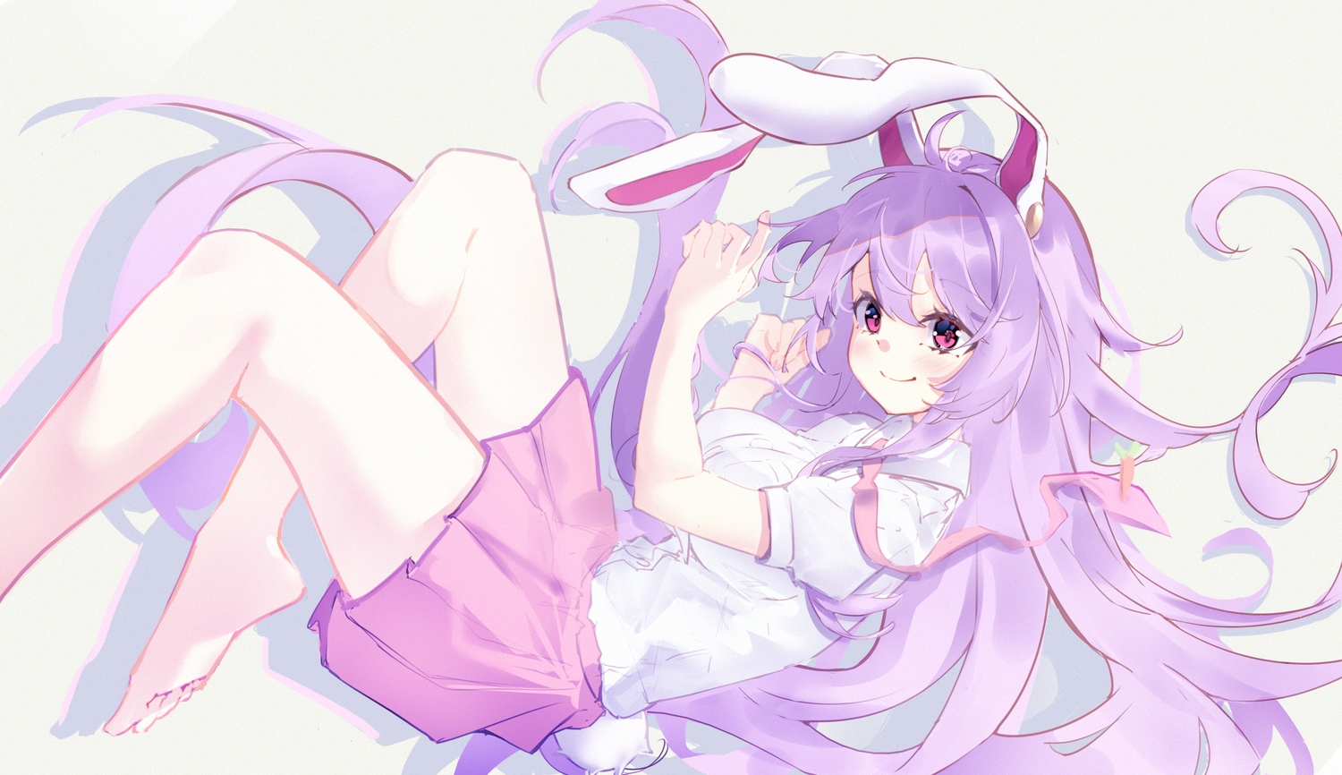 animal_ears, barefoot, blush, bunny_ears, bunnygirl, diving_penguin, long_hair, pink_eyes