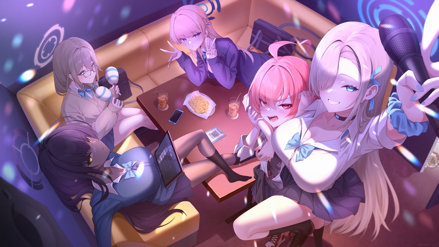 aqua_eyes, asuma_toki, black_hair, blonde_hair, blue_archive, blue_eyes, blush, bow