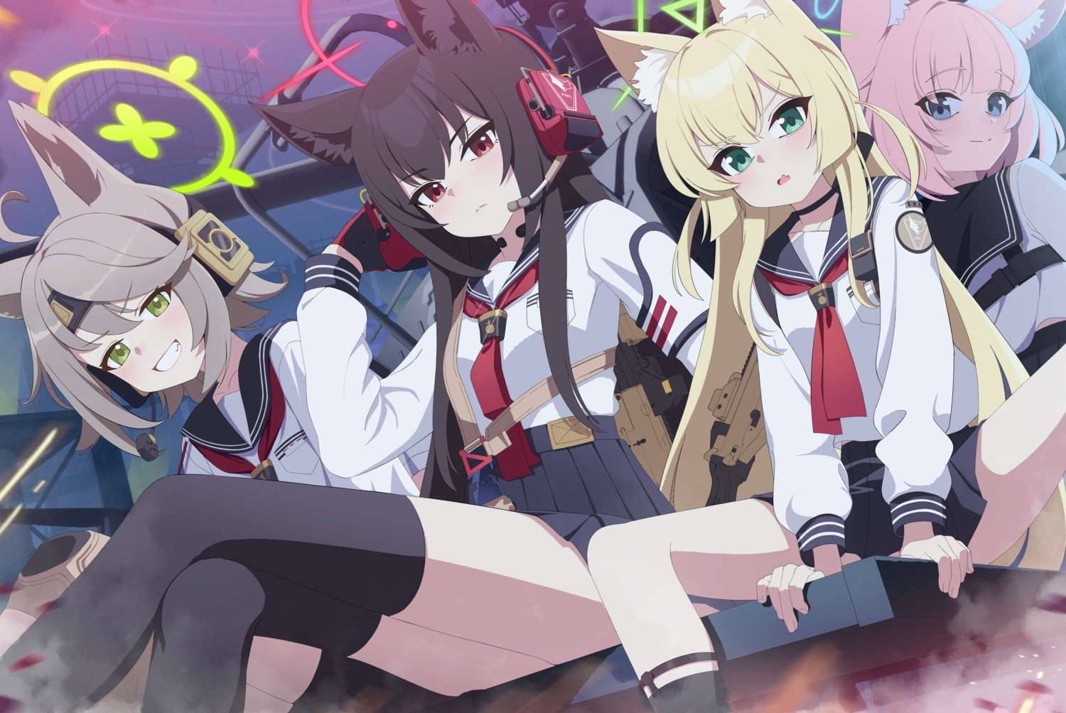 aliasing, animal_ears, bike_shorts, black_hair, blonde_hair, blue_archive, blue_eyes, blush