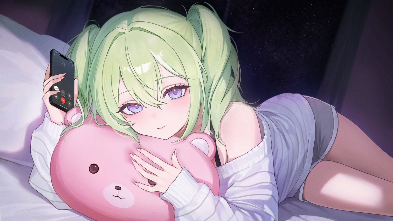 bed, green_hair, long_hair, mumu_muw, phone, purple_eyes, shorts, stellive