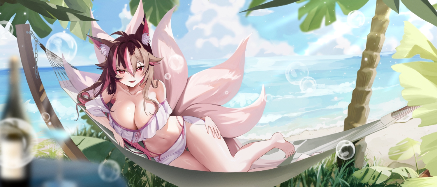 animal_ears, barefoot, beach, bikini, blush, breasts, brown_hair, bubbles