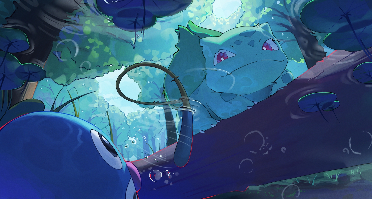 bubbles, bulbasaur, forest, nmm, no_humans, pokemon, poliwag, red_eyes