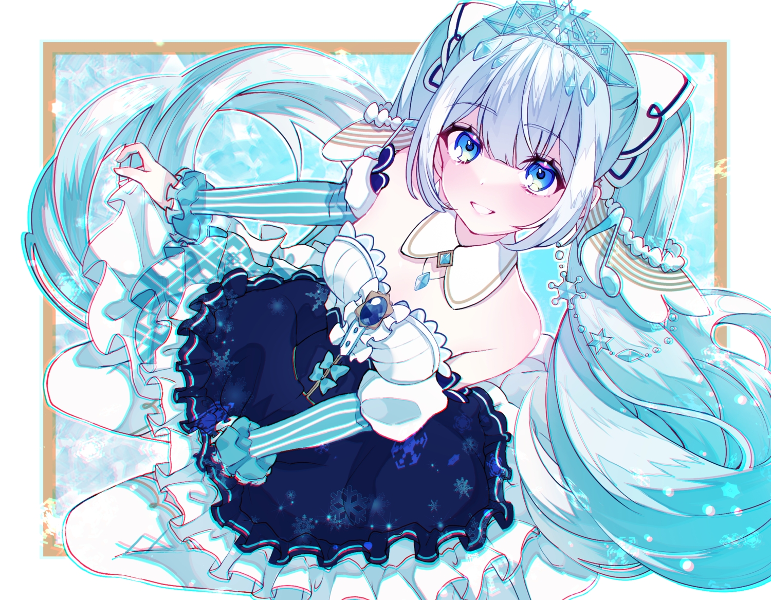 aqua_hair, blue_eyes, dress, hatsune_miku, long_hair, necklace, pantyhose, rashu_kaito, tiara, twintails, vocaloid, yuki_miku