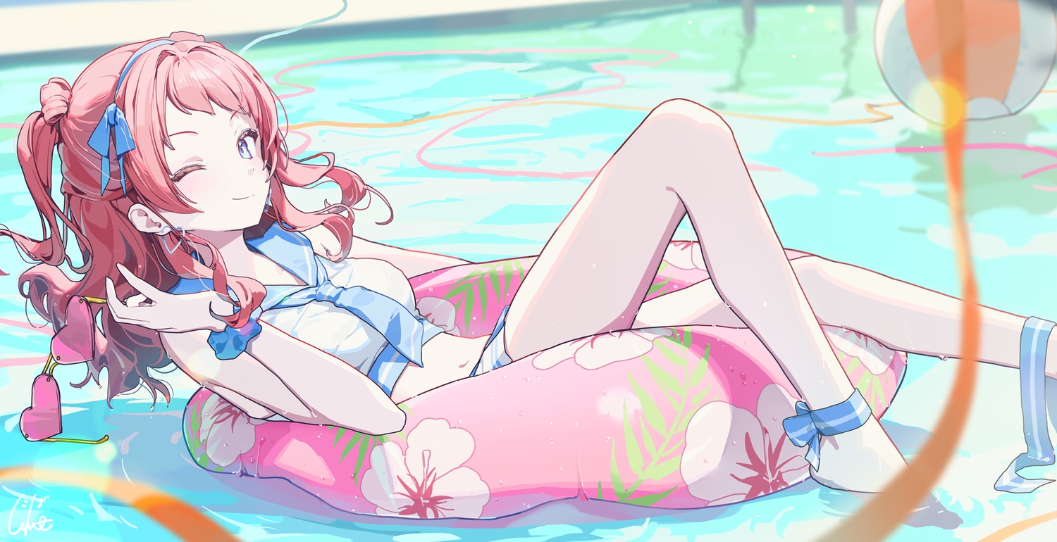 ball, barefoot, bikini, blue_eyes, blush, bow, gakuen_idolmaster, hanami_saki