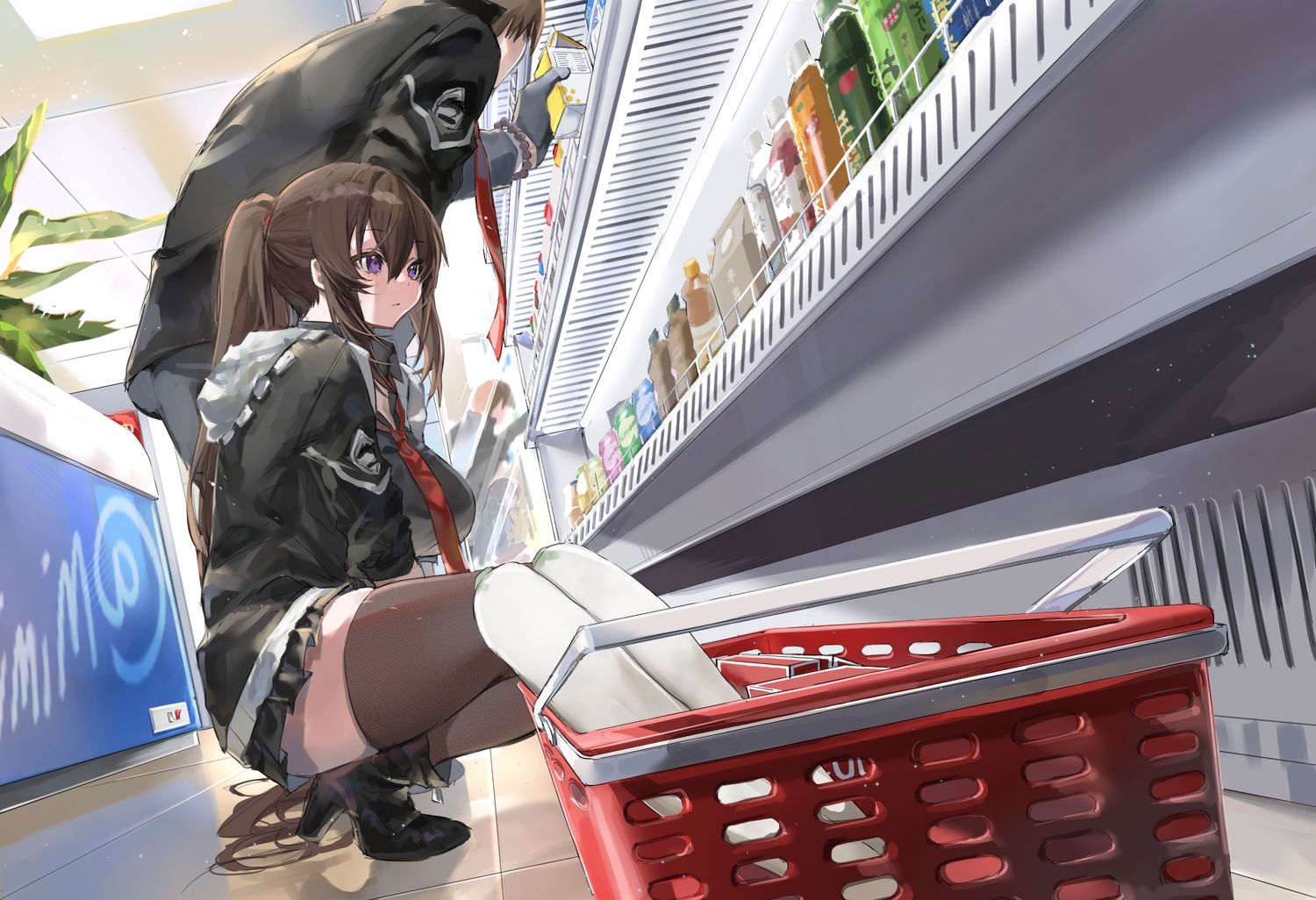 aliasing, boots, brown_hair, counter:side, drink, joo_shiyoon, long_hair, male