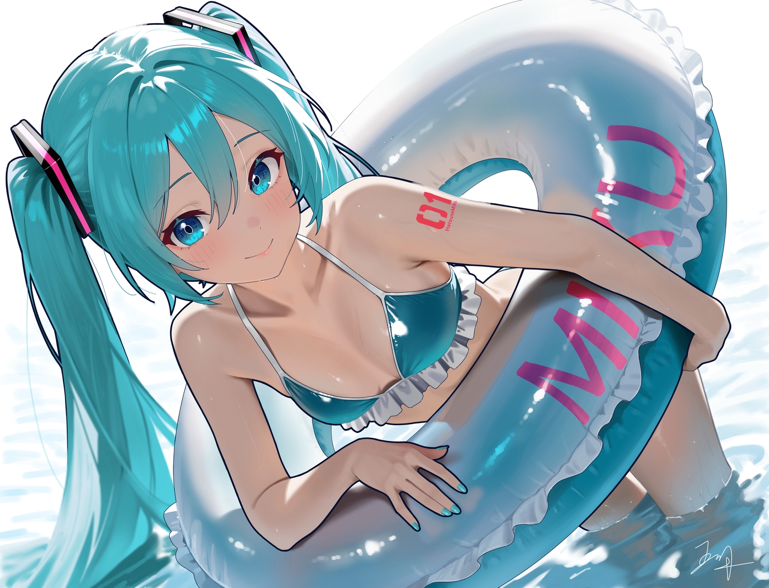 aqua_eyes, aqua_hair, blush, hatsune_miku, long_hair, signed, swim_ring, tattoo, twintails, vocaloid, water, wuhe2233pz