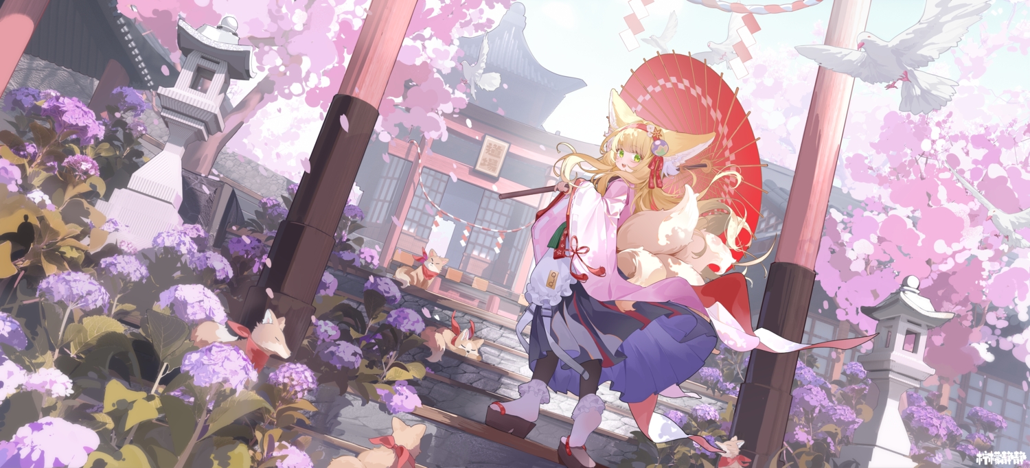 3d, animal, animal_ears, apron, arknights, bird, blonde_hair, flowers