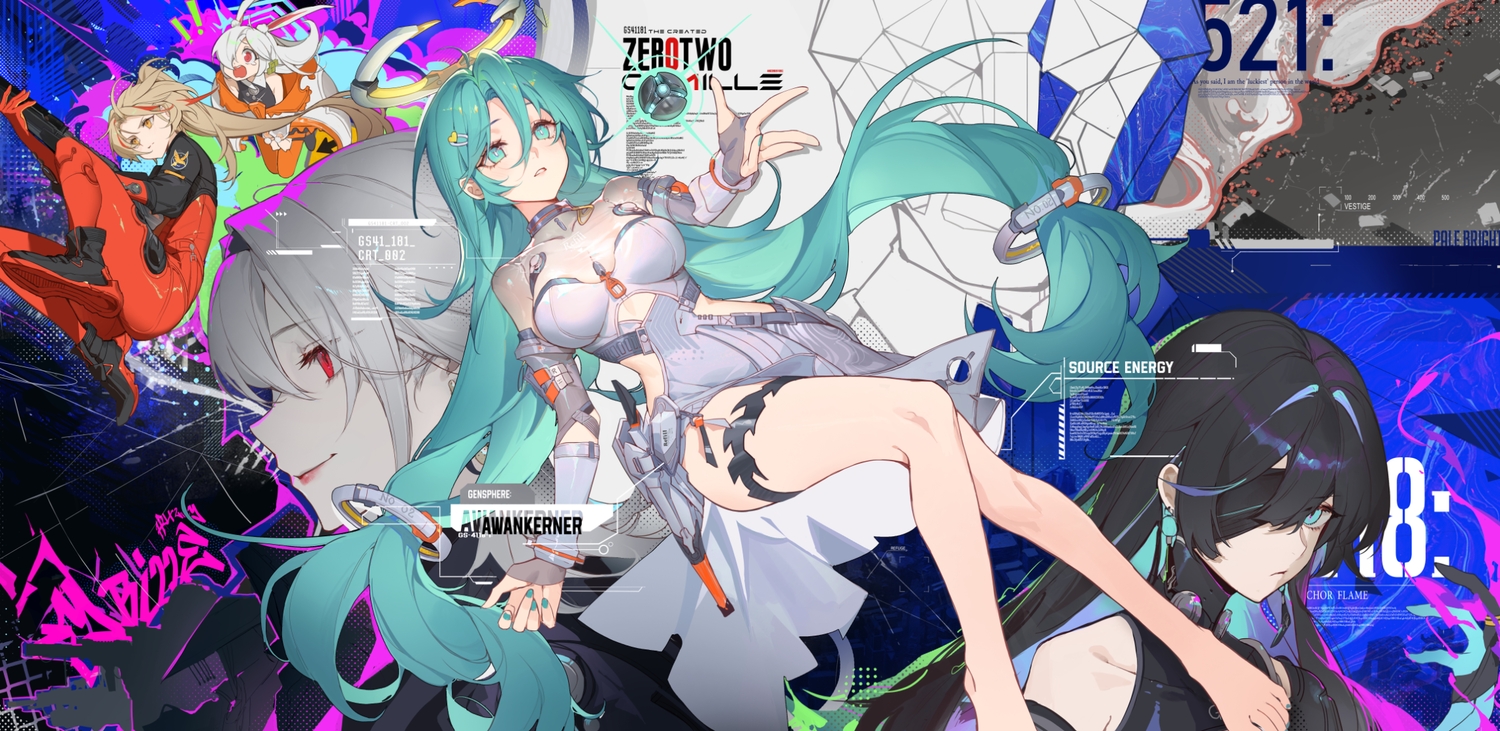 animal_ears, aqua_eyes, aqua_hair, barefoot, black_hair, blonde_hair, blue_eyes, bodysuit, bunny_ears, bunnygirl, camille_(fate_trigger), dress, elbow_gloves, eyepatch, fate_trigger:_the_novita, garter, gloves, gray_hair, gun, halo, huxley_(fate_trigger), kira_(fate_trigger), kuroduki, long_hair, ponytail, red_eyes, see_through, soarwynne_(fate_trigger), weapon, xiva_(fate_trigger), yellow_eyes