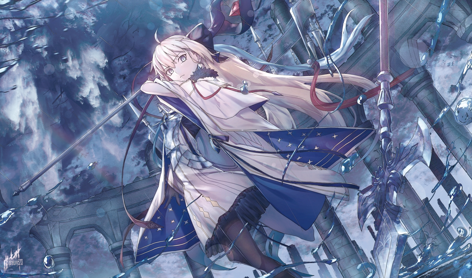 armor, blonde_hair, bow, cape, dress, fate/grand_order, fate_(series), gray_eyes