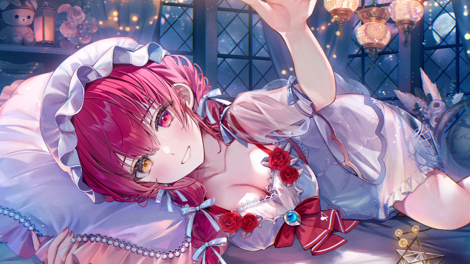 bed, bicolored_eyes, blush, bow, breasts, cleavage, hat, hololive