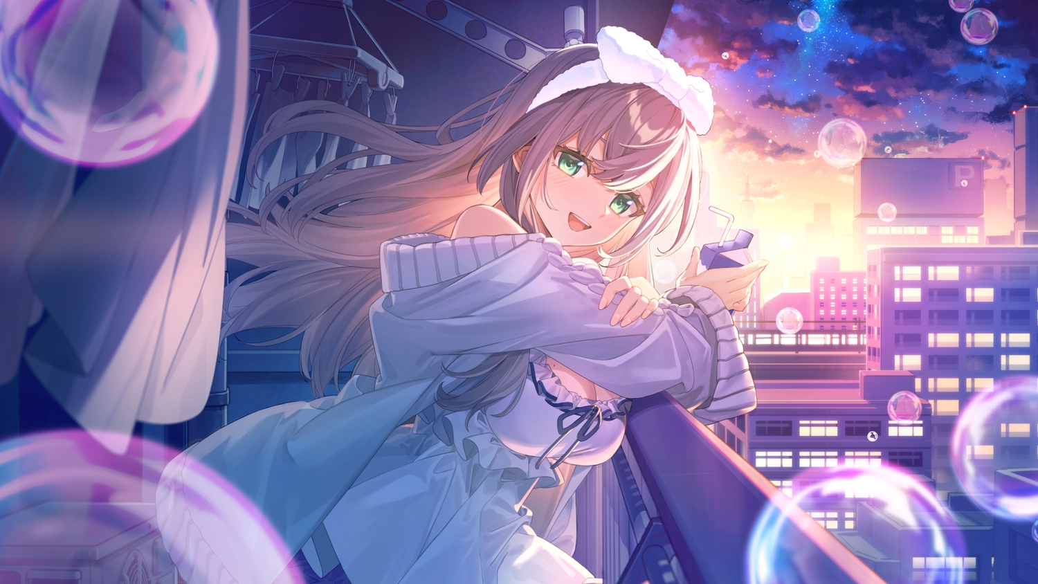 blush, bow, breasts, bubbles, building, city, cleavage, clouds