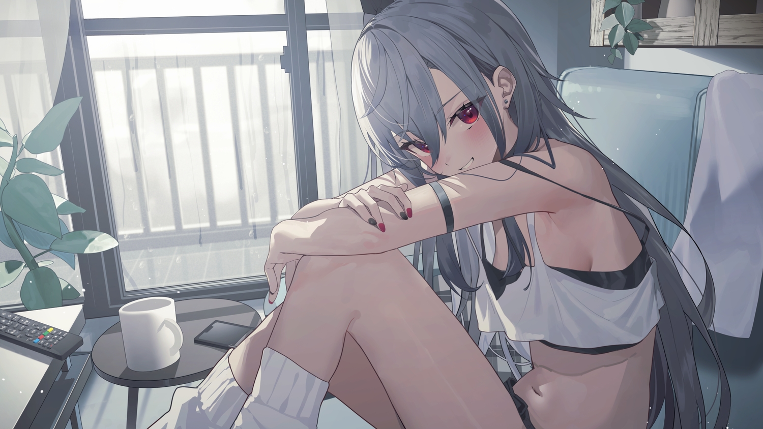 blush, breasts, gray_hair, hololive, isaki_riona, long_hair, panda_0035, phone