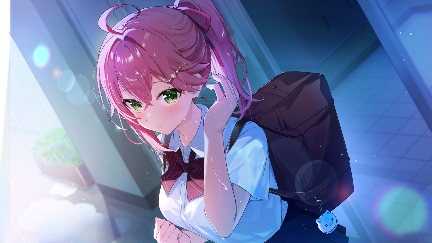 blush, bow, close, green_eyes, hololive, jiu_(jiwoo_owo9), pink_hair, ponytail, rain, sakura_miko, school_uniform, shirt, skirt, third-party_edit, water, wet