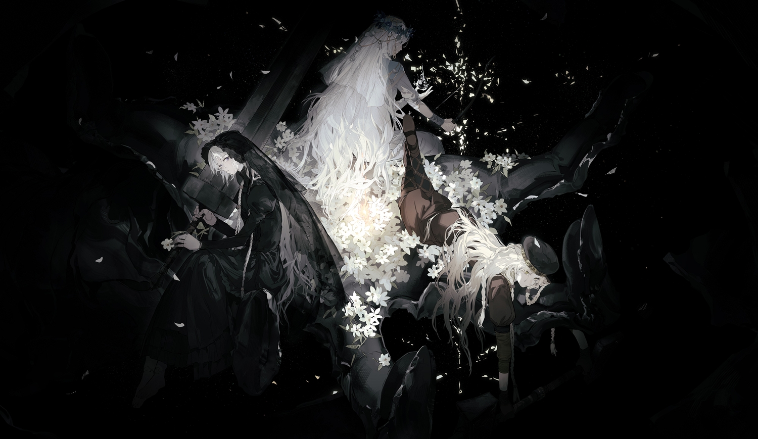 braids, dark, doll, dress, elden_ring, elden_ring_nightreign, flowers, goth-loli, green_eyes, hat, headdress, lolita_fashion, long_hair, nine_(liuyuhao1992), purple_eyes, revenant_(elden_ring), sword, weapon, white_hair, wristwear