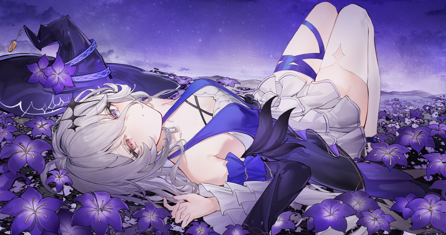 bicolored_eyes, breasts, cleavage, clouds, collar, dress, flantia, flowers
