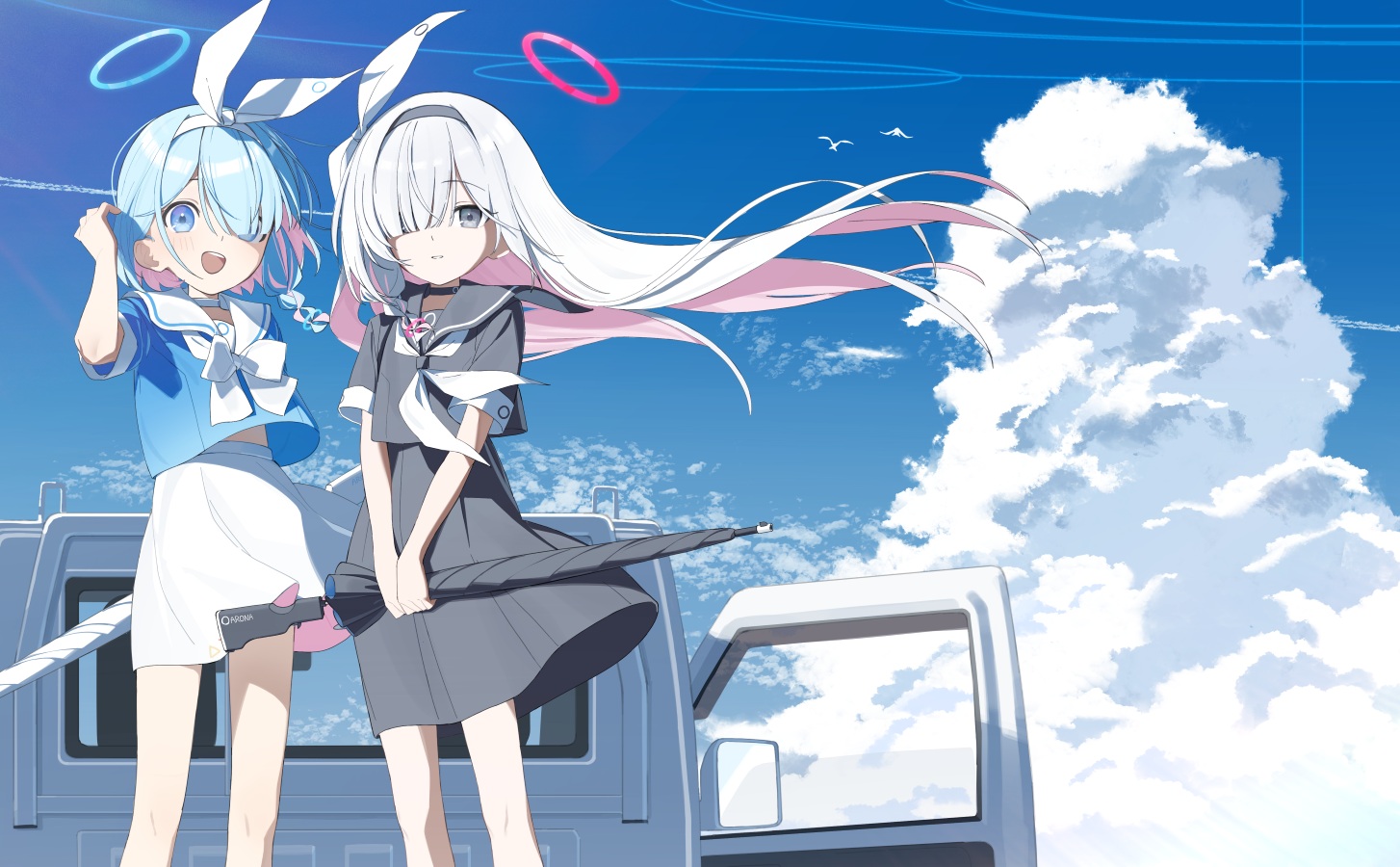 2girls, aliasing, anohito401, arona_(blue_archive), blue_archive, blue_eyes, blue_hair, blush