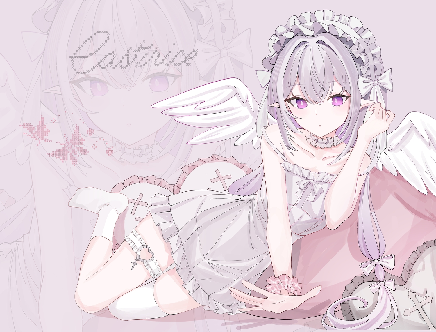 bow, castorice_(honkai:_star_rail), cross, dress, flat_chest, garter, headdress, honkai_(series)