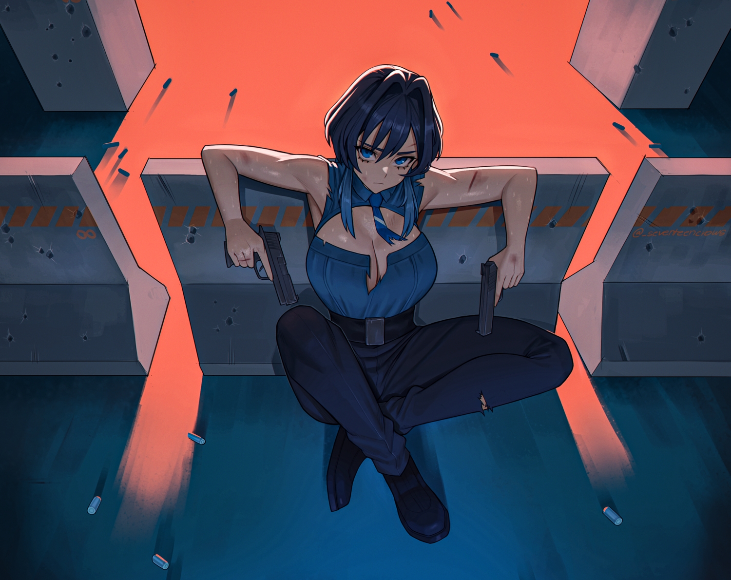 blue_eyes, blue_hair, breasts, cleavage, cropped, gun, hololive, no_bra