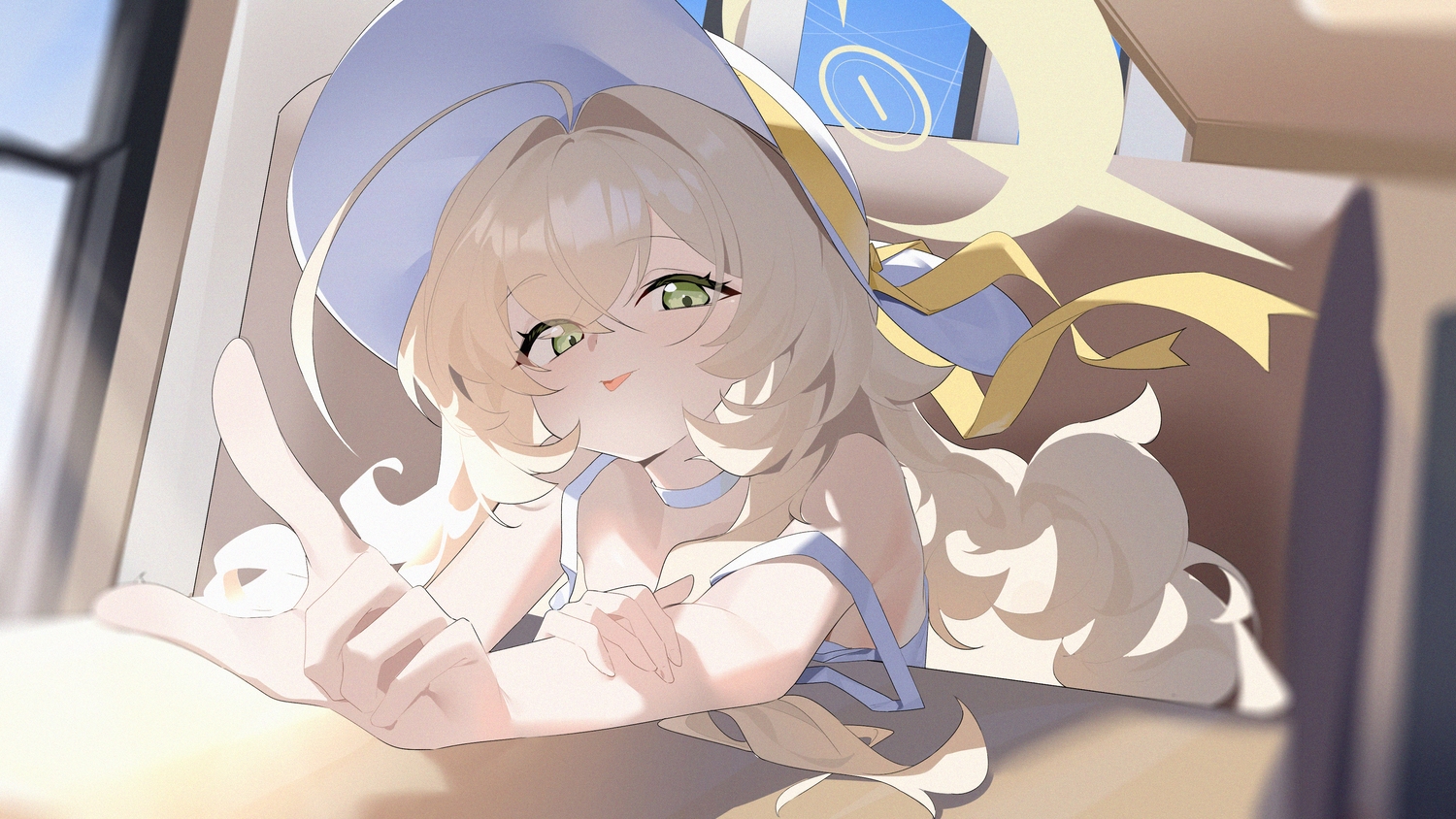 blonde_hair, blue_archive, choker, close, dress, green_eyes, halo, hat, loli, long_hair, professor_niyaniya_(blue_archive), ribbons, sky, summer_dress, wako_(1194433260)
