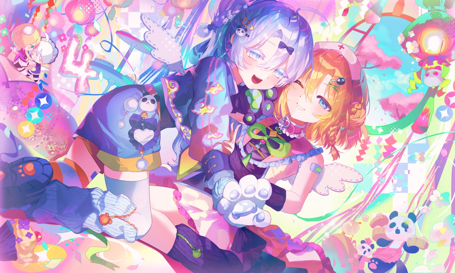 2girls, animal, bandaid, bear, blonde_hair, blue_eyes, bow, braids, chinese_clothes, collar, doll, dress, food, gray_eyes, gray_hair, green_eyes, headdress, mayo_(cocoacat19), orange_hair, original, panda, shorts, skirt, thighhighs, white_hair, wings, wink