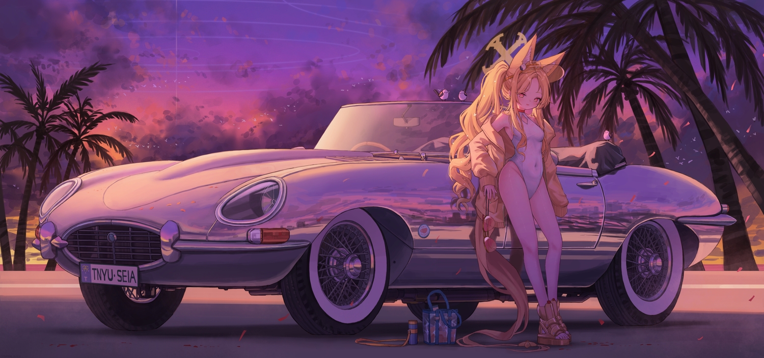 akizuki_kawakaze, animal_ears, blonde_hair, blue_archive, blush, car, choker, clouds, foxgirl, halo, long_hair, pink_eyes, ponytail, reflection, sky, sunset, swimsuit, tail, tree, yurizono_seia