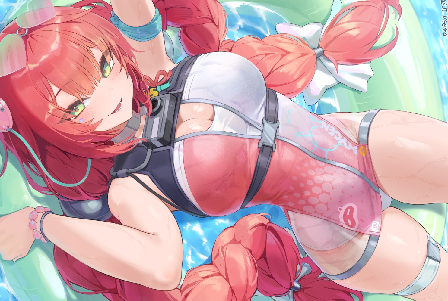 blush, bow, braids, breasts, cat_smile, cleavage, garter, green_eyes, jtveemo, long_hair, red_hair, see_through, signed, skintight, sunglasses, swim_ring, swimsuit, twintails, ukinami_yuzuha, water, wet, wristwear, zenless_zone_zero