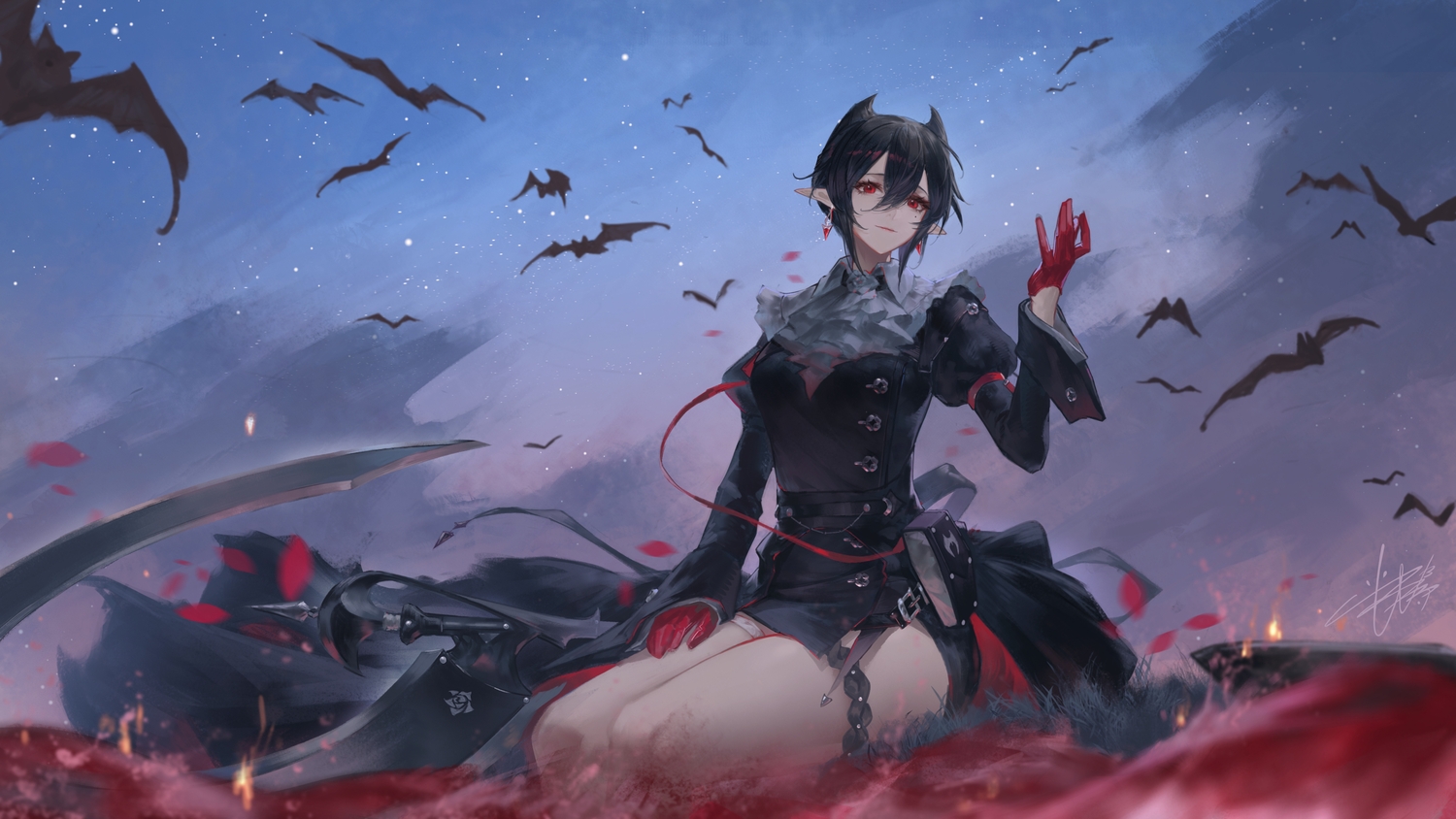 animal, arknights, bat, black_hair, clouds, dress, entelechia_(arknights), garter