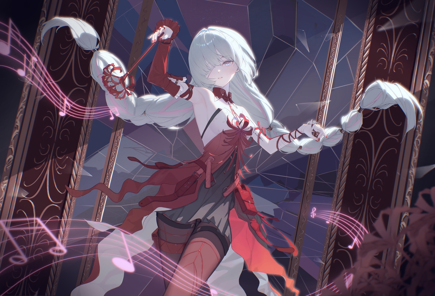bandage, blue_eyes, braids, dress, eyepatch, flowers, garter, gray_hair, long_hair, music, pantyhose, phrolova_(wuthering_waves), puddlemud, twintails, wand, wuthering_waves