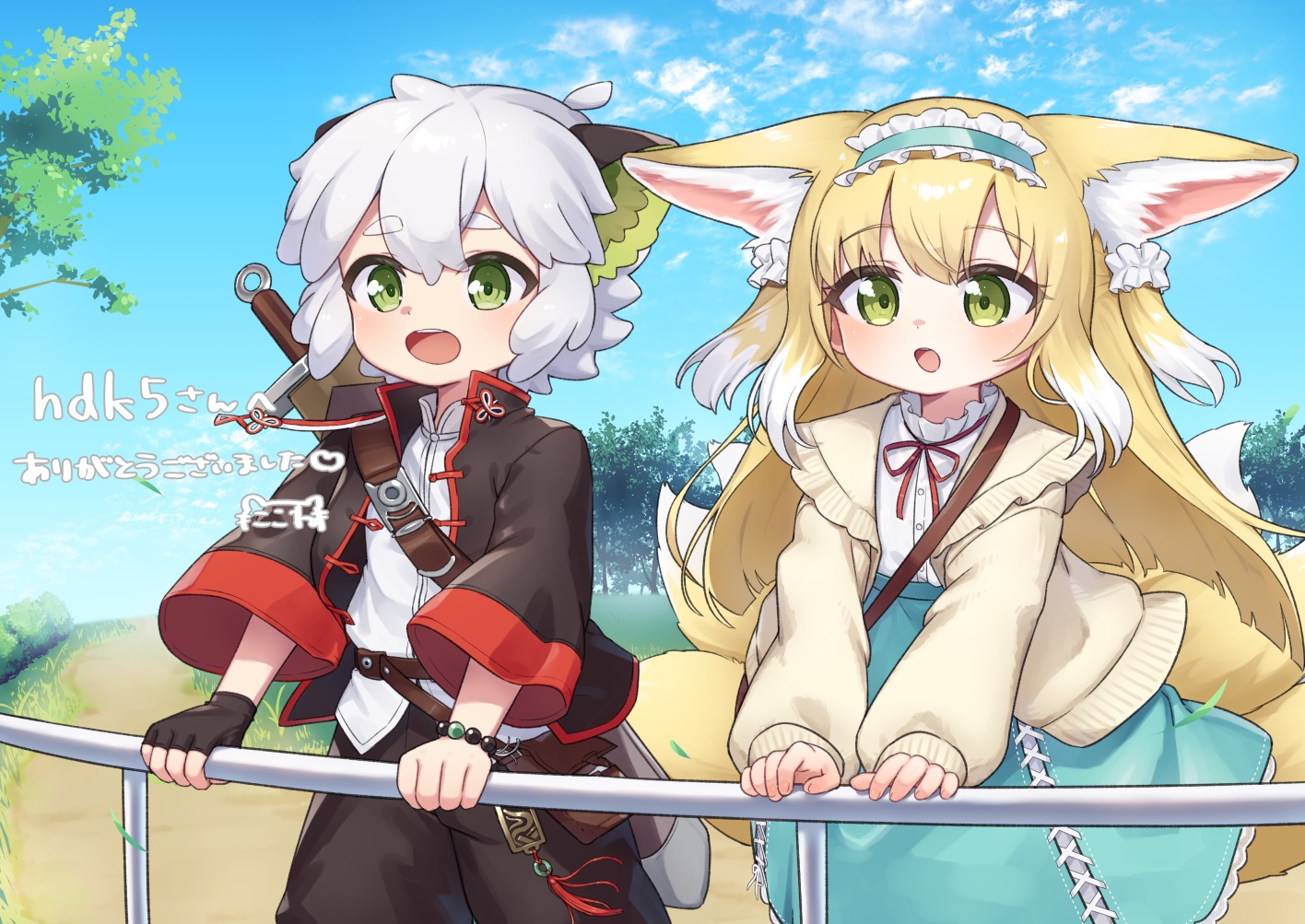 animal_ears, arknights, blonde_hair, bow, catboy, chinese_clothes, clouds, crossover, foxgirl, gloves, grass, gray_hair, green_eyes, headband, kokone_(coconeeeco), loli, long_hair, luo_xiaohei, luo_xiaohei_zhanji, male, multiple_tails, short_hair, skirt, sky, suzuran_(arknights), sword, tail, tree, weapon, wristwear