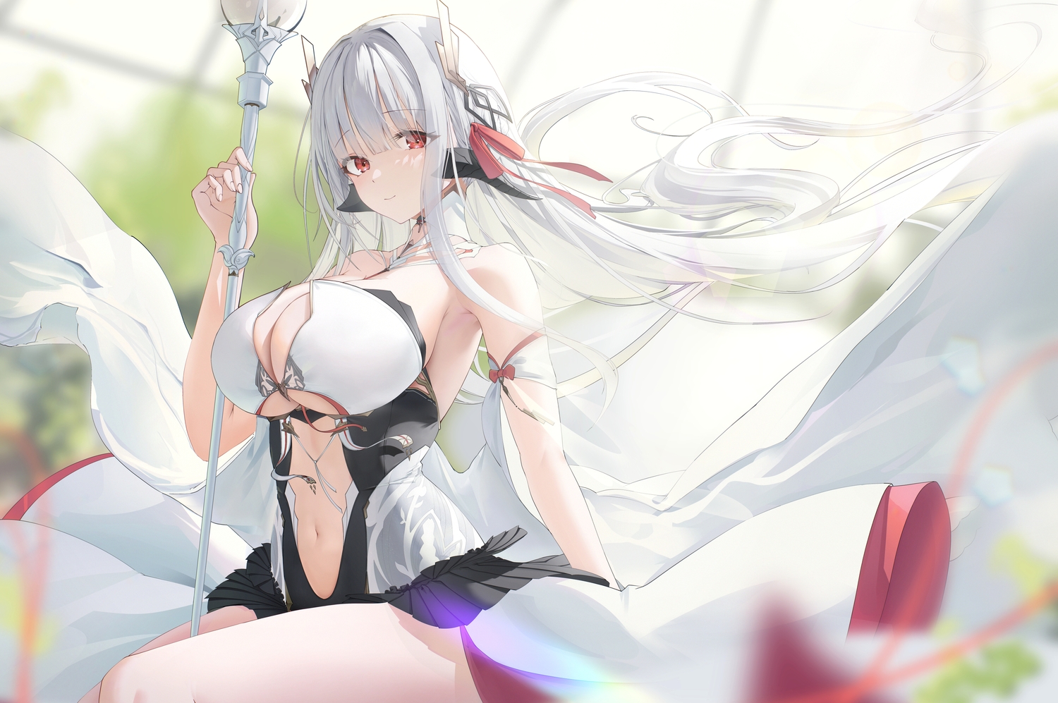 au_ra, bow, breasts, cleavage, dress, final_fantasy, final_fantasy_xiv, galodos, gray_hair, horns, long_hair, navel, red_eyes, ribbons, staff, warrior_of_light