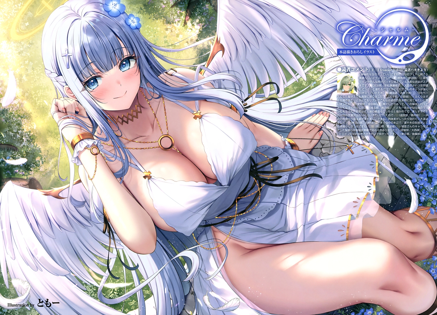 angel, blue_eyes, blush, bow, braids, breasts, choker, cleavage, cross, dress, feathers, flowers, gray_hair, halo, leaves, long_hair, necklace, nopan, ribbons, scan, tomoo_(tomo), watermark, wings, wristwear