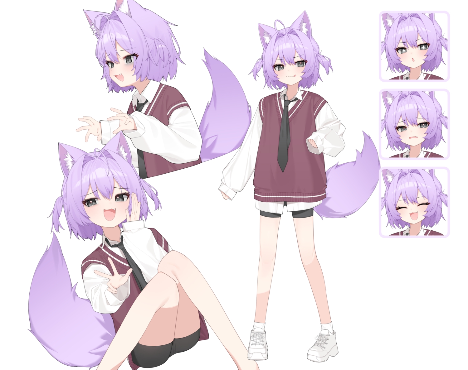 animal_ears, bike_shorts, black_eyes, cameltoe, cat_smile, fang, foxgirl, original, purple_hair, rui_p, school_uniform, shirt, short_hair, shorts, socks, tail, tie, twintails, white
