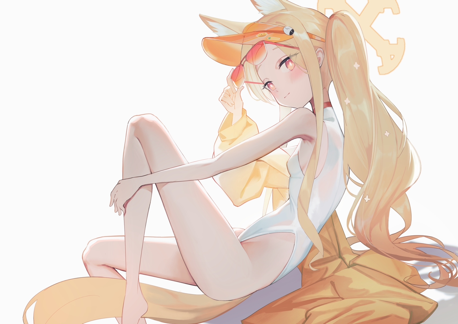 animal_ears, barefoot, blonde_hair, blue_archive, blush, choker, foxgirl, halo