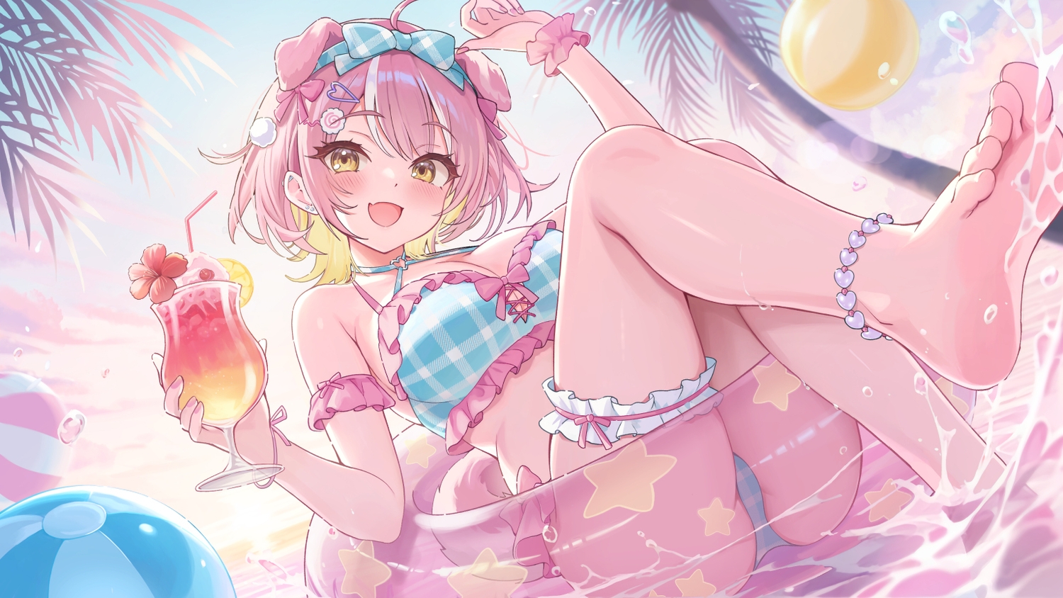 aliasing, animal_ears, ball, bikini, bow, clouds, doggirl, drink, garter, headband, nun_9, pink_hair, short_hair, sky, sunset, swimsuit, tagme_(character), tail, tree, water, yellow_eyes