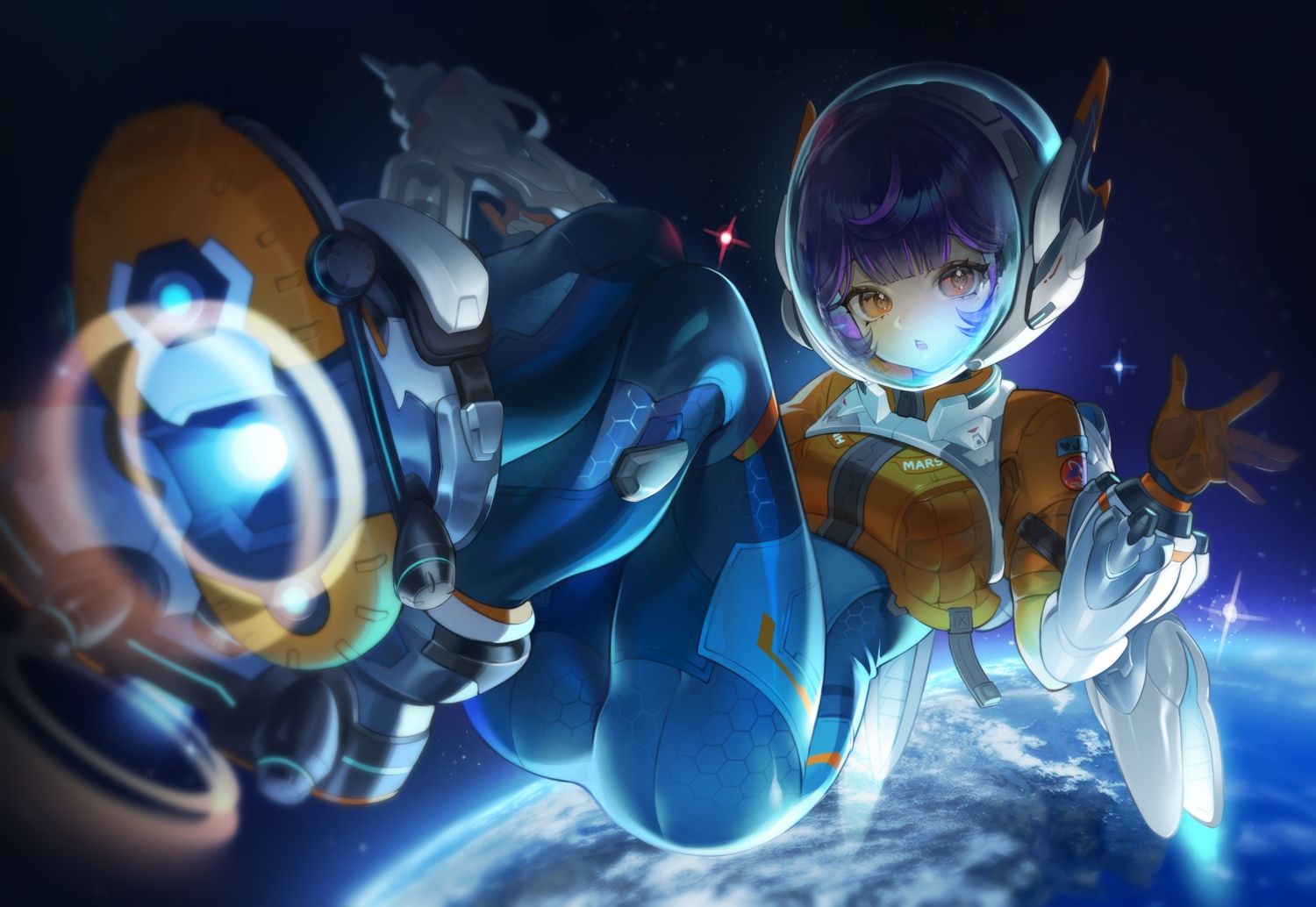 ass, bizette, bodysuit, earth, gloves, gun, juno_(overwatch), orange_eyes