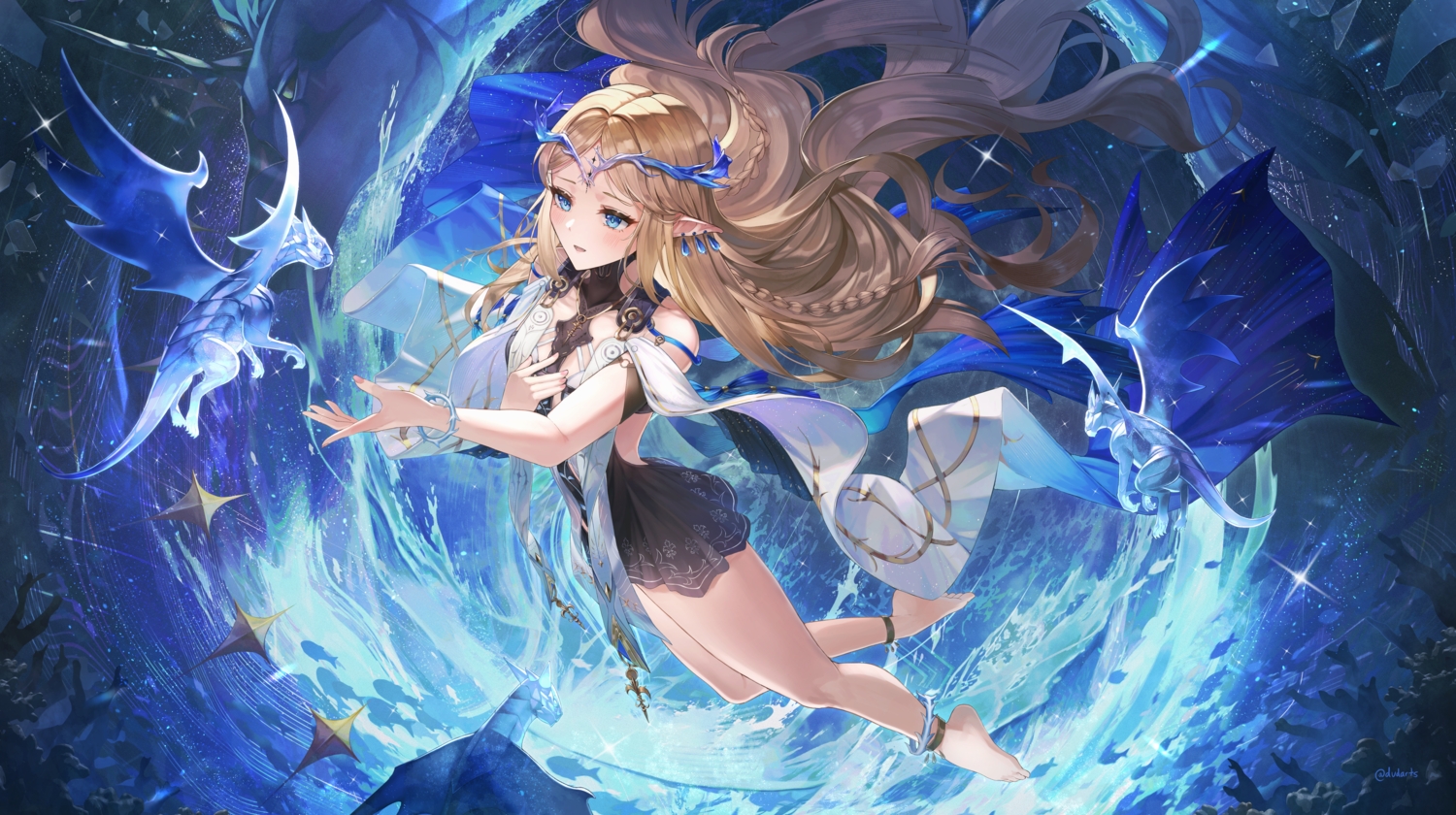 barefoot, blonde_hair, blue_eyes, blush, braids, cartethyia_(wuthering_waves), dragon, dress