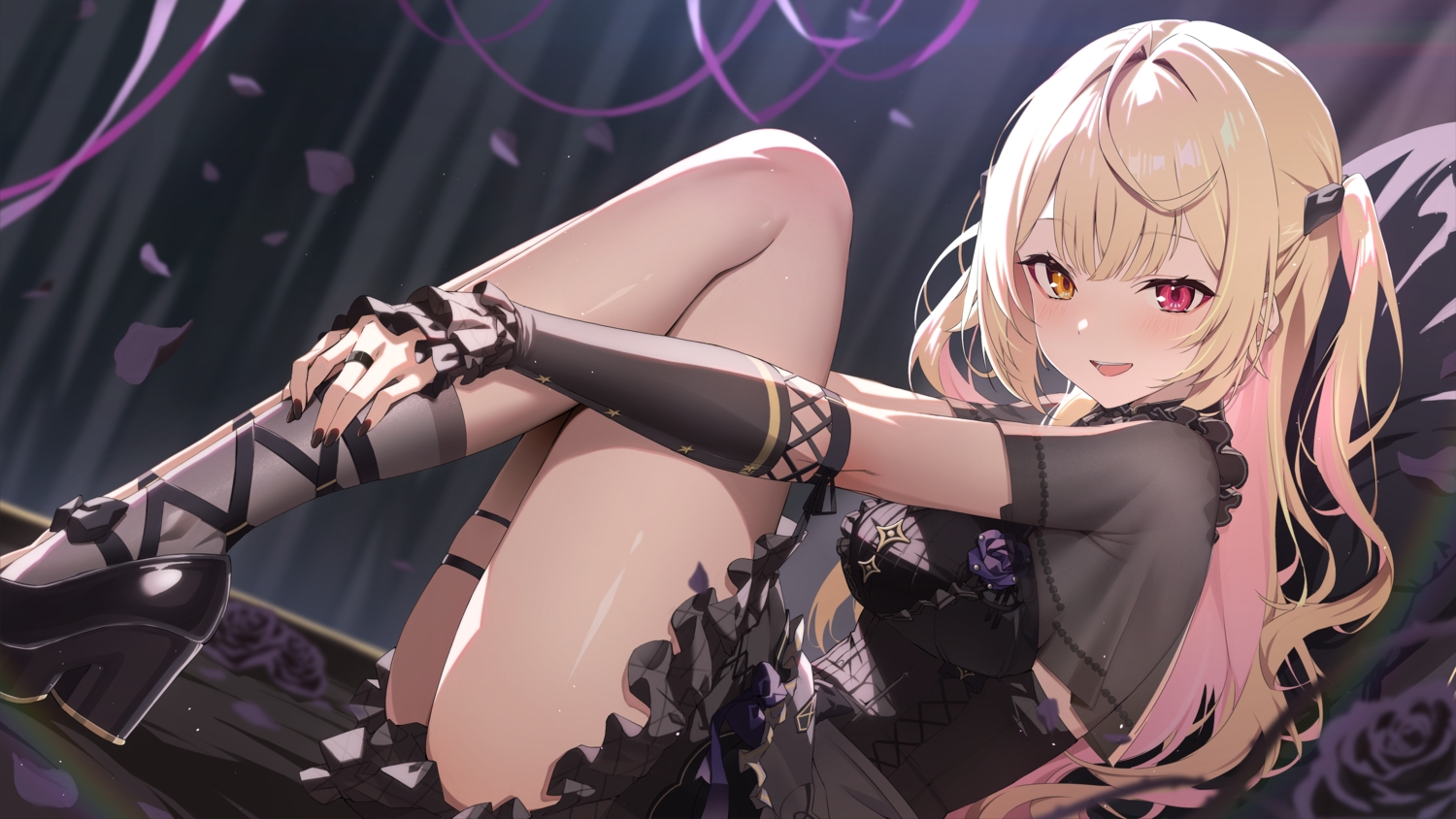 bicolored_eyes, blonde_hair, blush, bow, dress, flowers, garter, gothic