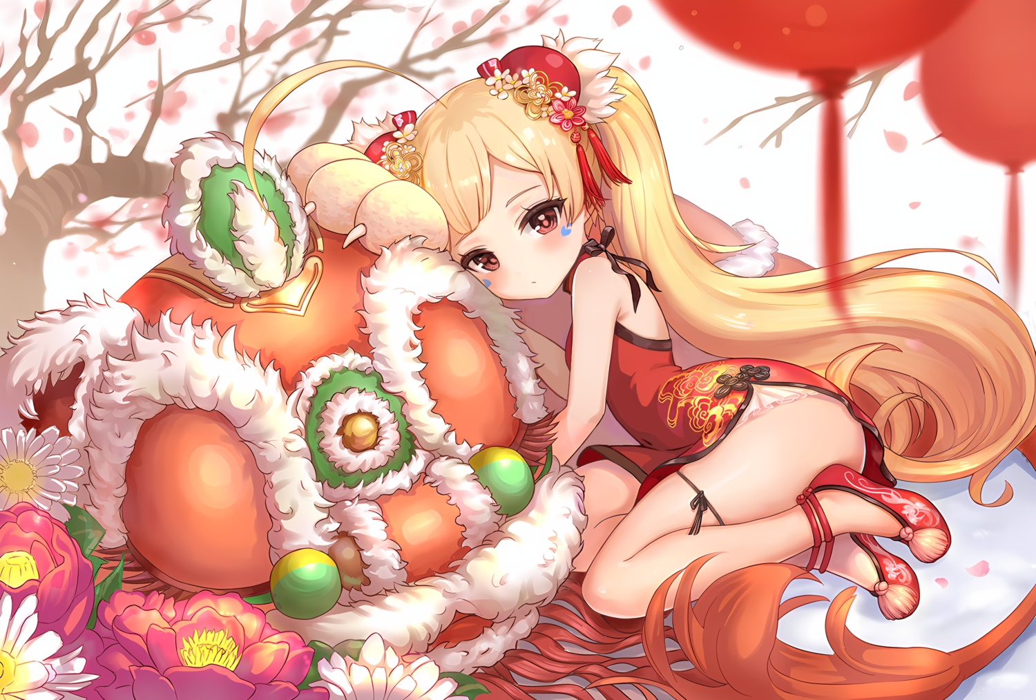 anthropomorphism, azur_lane, blonde_hair, bonury, bow, chinese_clothes, chinese_dress, dress, eldridge_(azur_lane), flowers, garter, loli, long_hair, petals, red_eyes, tree, twintails