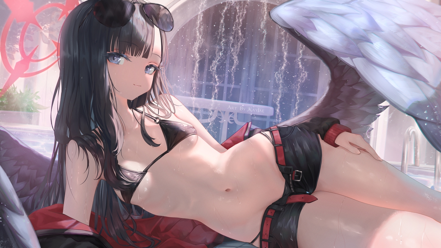 bikini, black_hair, blue_archive, blue_eyes, breasts, halo, kayjae, long_hair
