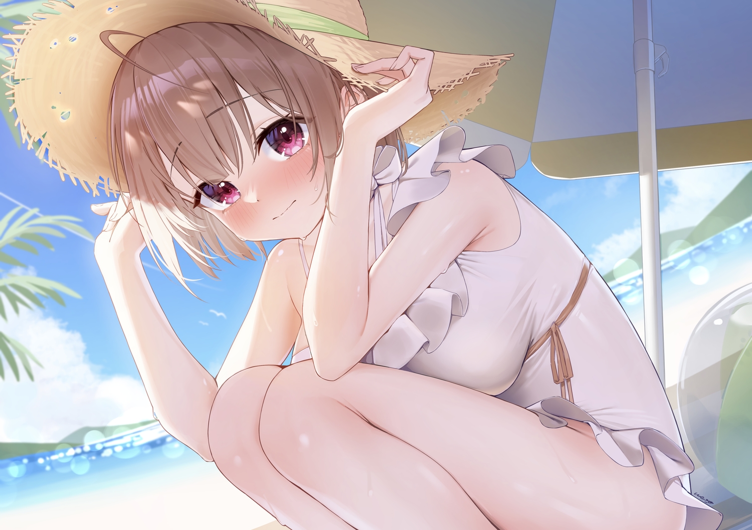 ai_(u_e_o_o), ball, beach, blush, brown_hair, close, clouds, harusaki_nodoka, hat, hololive, pink_eyes, short_hair, signed, sky, swimsuit, umbrella, water