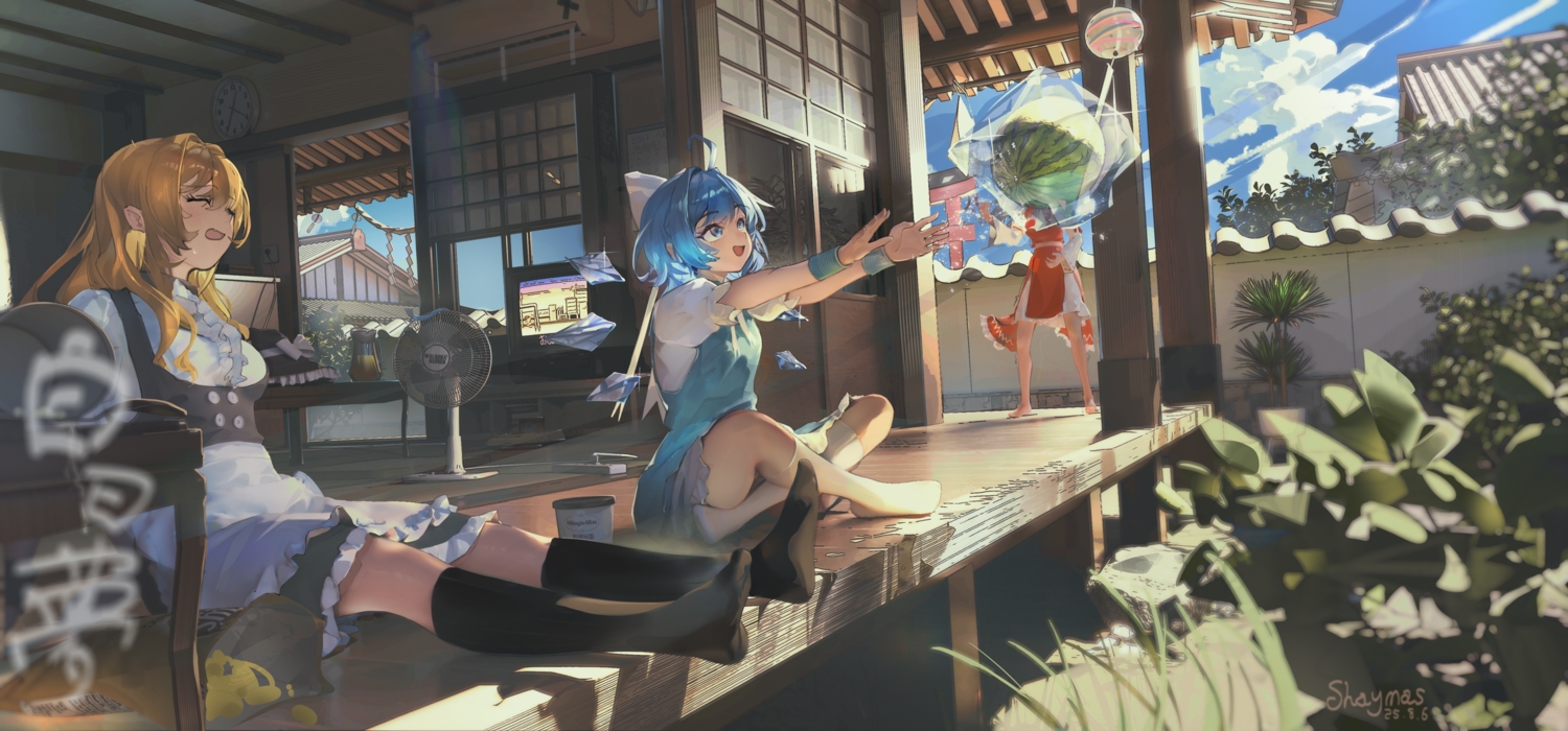 3d, apron, barefoot, bell, blonde_hair, blue_eyes, blue_hair, blush