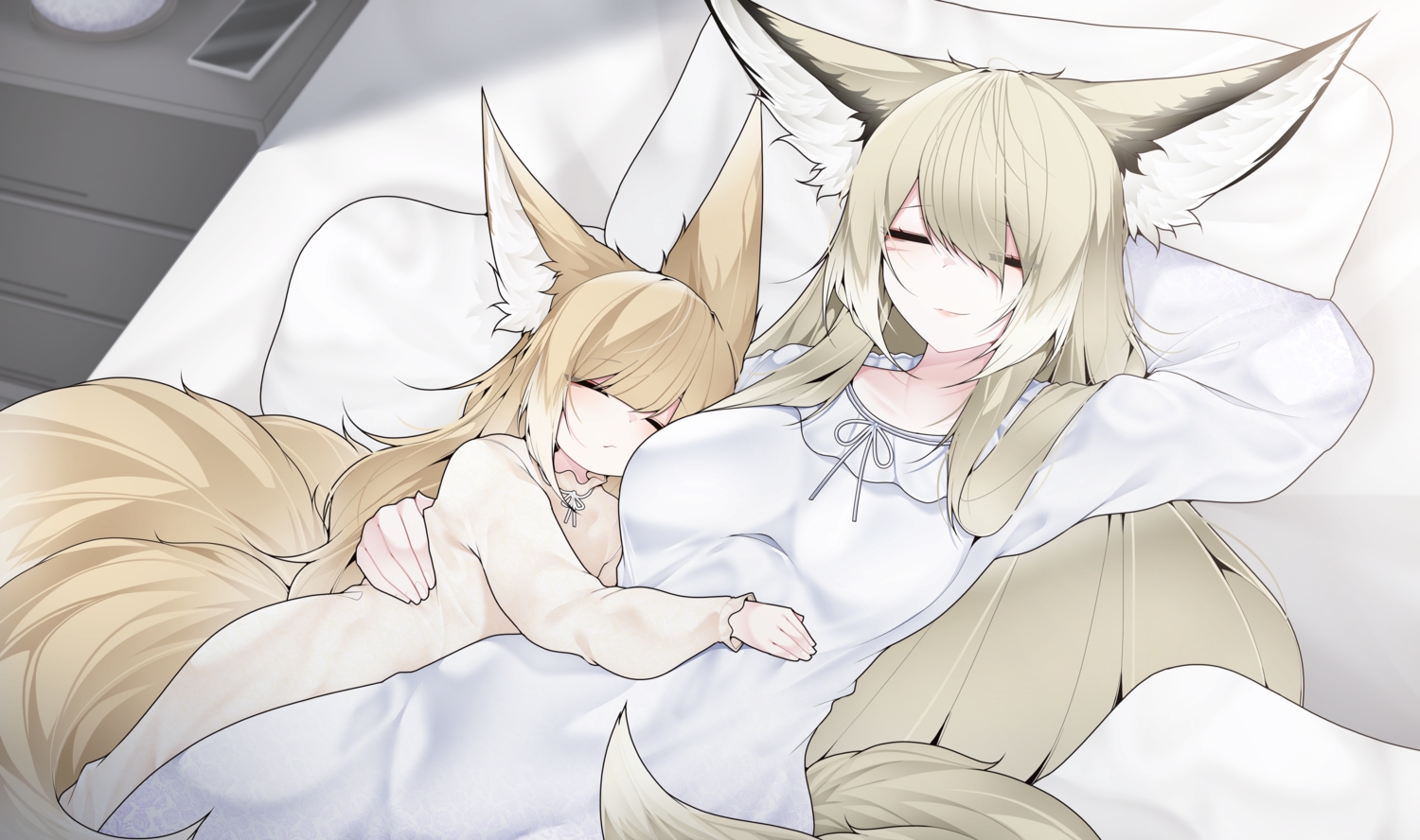 2girls, animal_ears, arknights, bed, blonde_hair, foxgirl, loli, long_hair