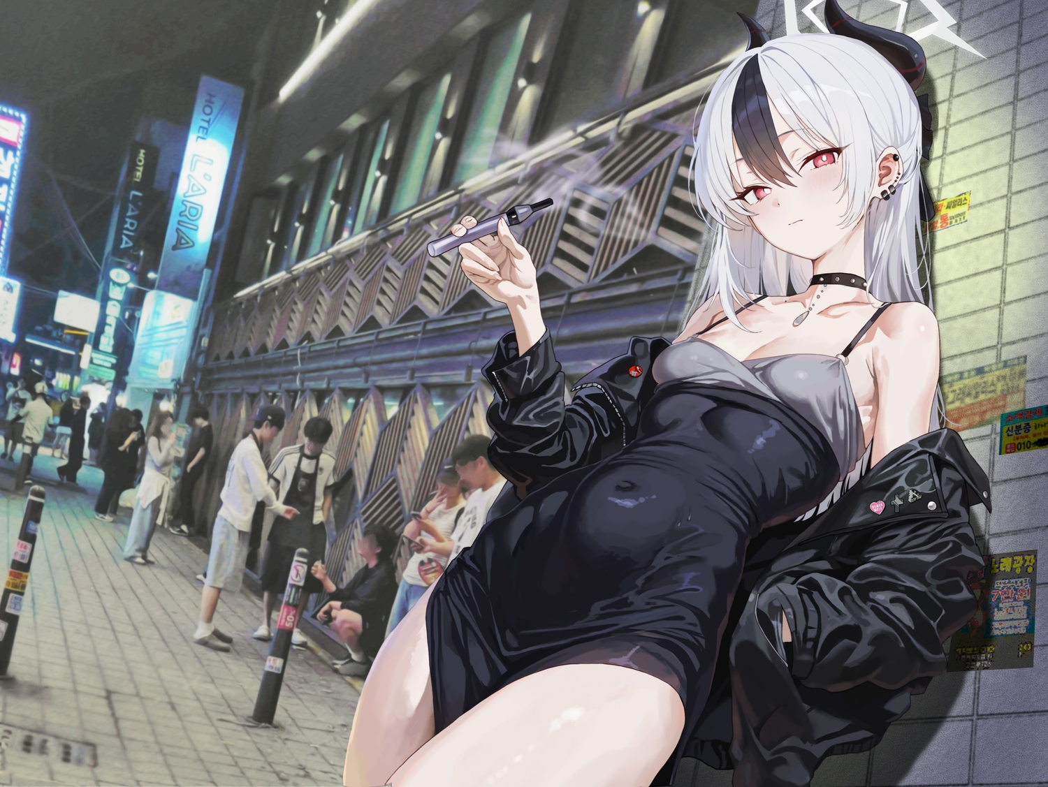 black_hair, blue_archive, breasts, building, choker, city, cleavage, dress, gray_hair, halo, horns, long_hair, night, onikata_kayoko, photo, red_eyes, signallerc, skintight, smoking