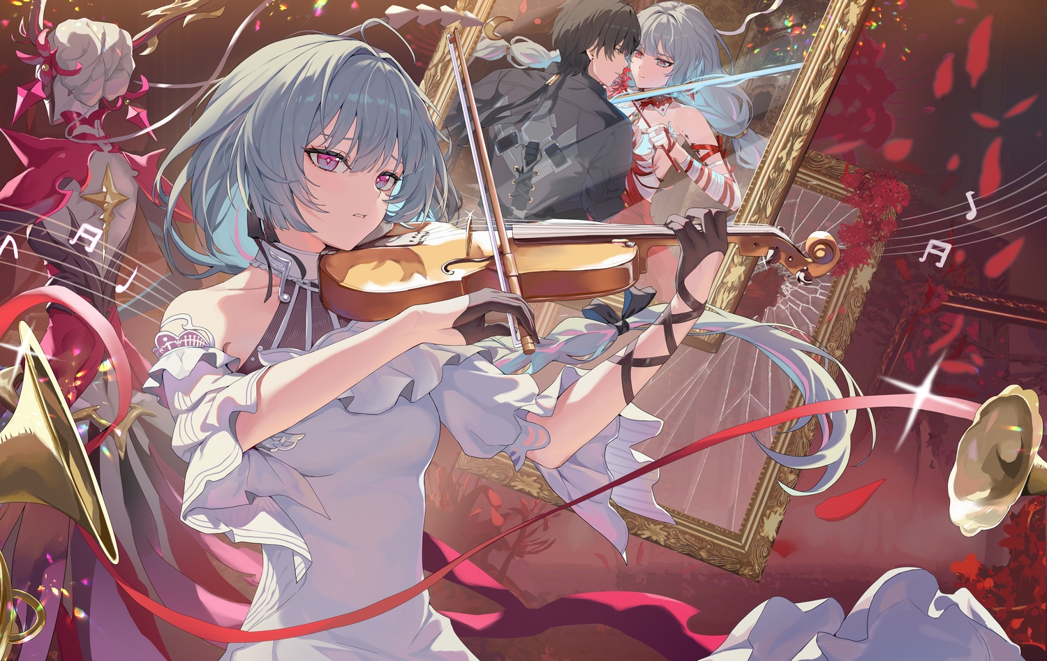 bandage, bicolored_eyes, black_hair, bow, braids, dress, flowers, gloves, gray_hair, hokori_sakuni, instrument, long_hair, male, male_rover_(wuthering_waves), mirror, petals, phrolova_(wuthering_waves), pink_eyes, ponytail, ribbons, short_hair, sword, violin, wand, weapon, wristwear, wuthering_waves, yellow_eyes