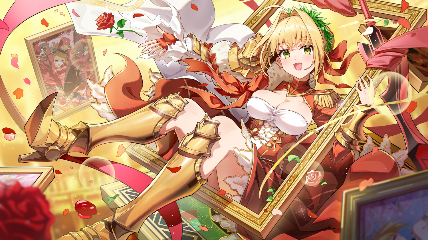 armor, blonde_hair, blush, bow, breasts, cape, cleavage, dress