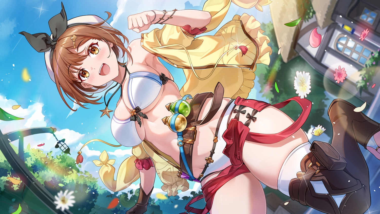 atelier, atelier_ryza, bikini, blush, breasts, brown_eyes, brown_hair, building
