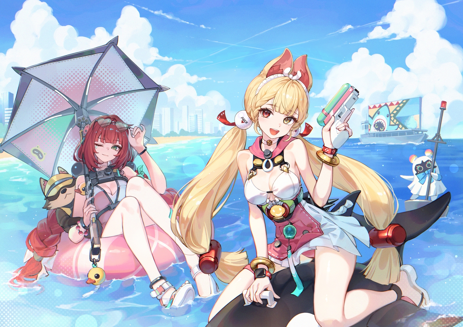 2girls, alice_thymefield, animal, animal_ears, baek_hyang, bandaid, blush, boat