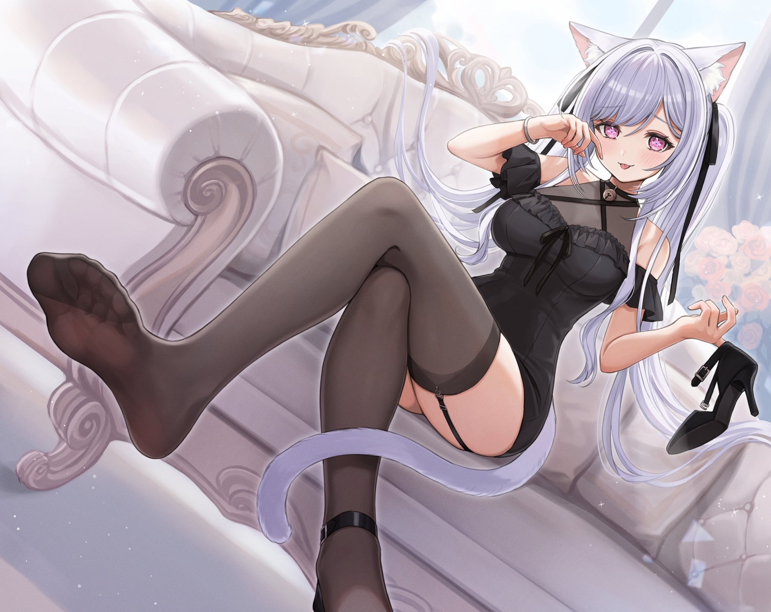 animal_ears, blush, catgirl, couch, dress, garter_belt, gray_hair, iriam, long_hair, pink_eyes, sahara1127, sky, stockings, tagme_(character), tail, twintails
