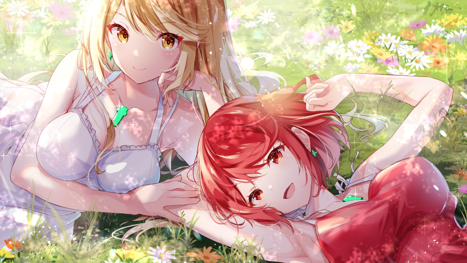 2girls, blonde_hair, close, dress, flowers, grass, hikari_(xenoblade), homura_(xenoblade)