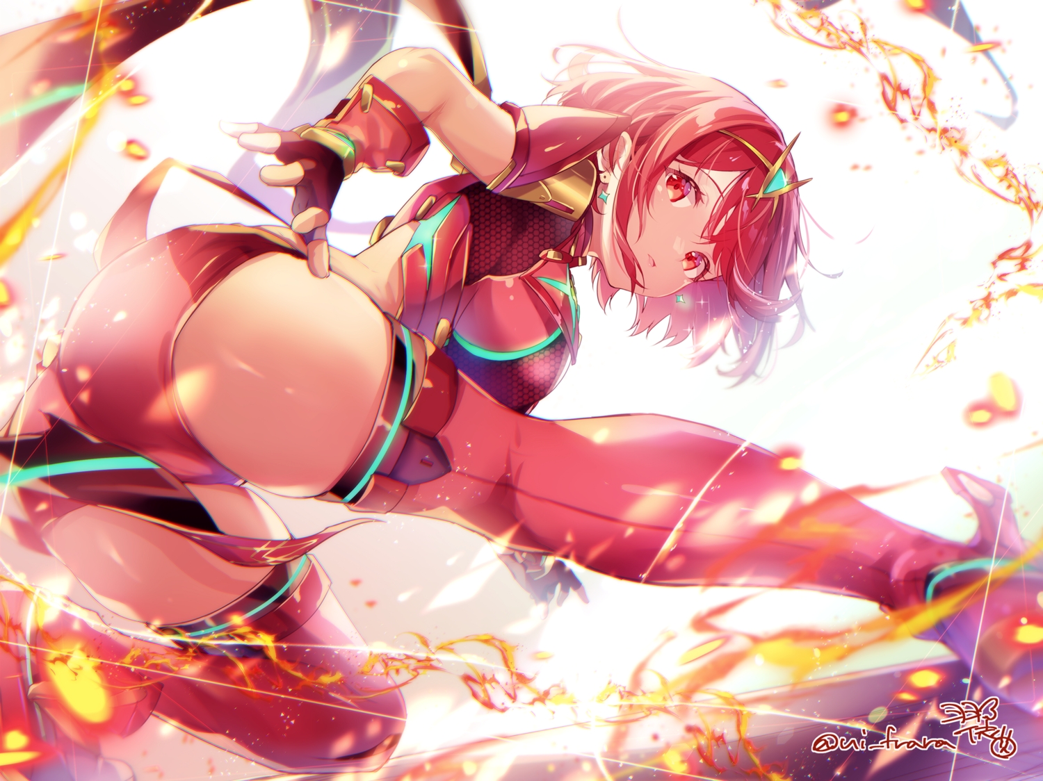 armor, ass, boots, fire, gloves, homura_(xenoblade), magic, red_eyes